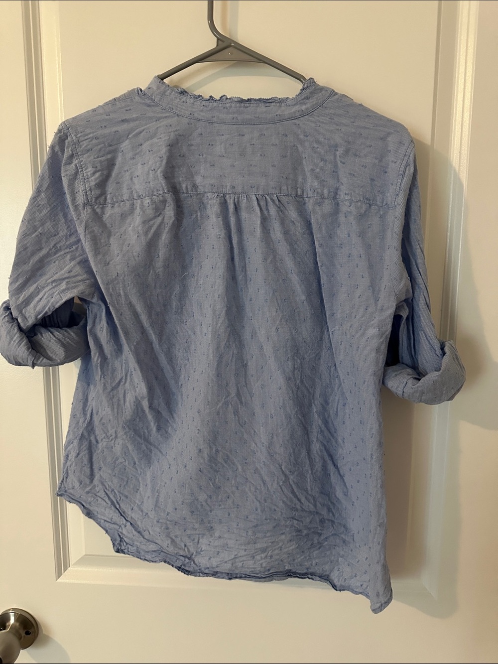 Talbots Light Blue Swiss Dot Henley Top Womens Cotton Roll Tab Sleeve Blouse - Picture 2 of 2